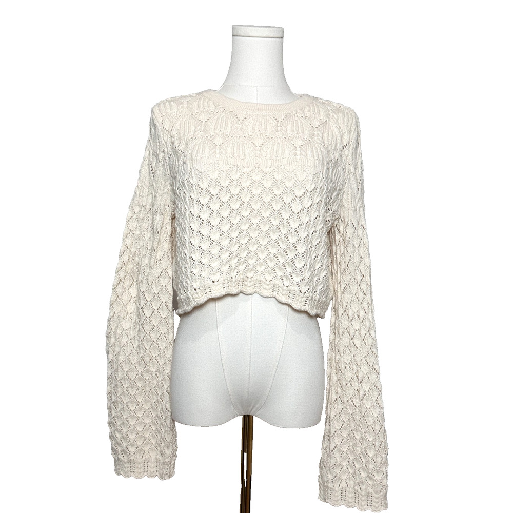 Lush Cream Cropped Crochet Cotton Long Bell Sleeve Sweater Large Boho